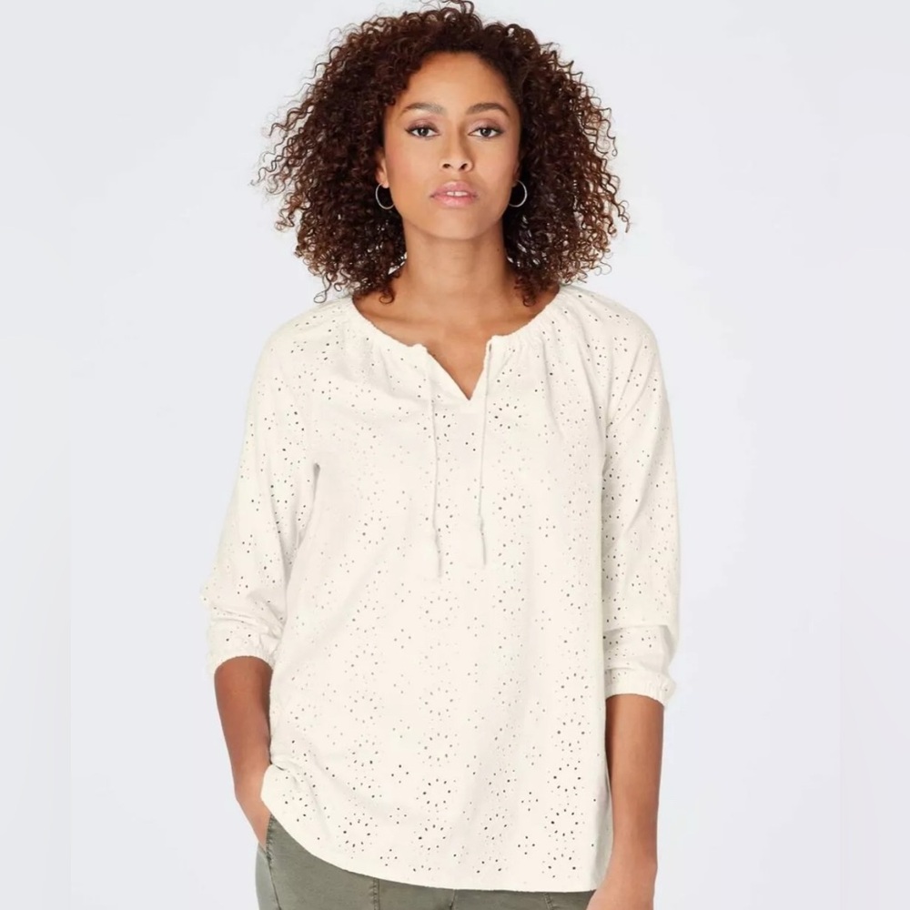 J.Jill Cotton Knit Eyelet Peasant Blouse Cream White Tassels & Beads 3/4 Sleeve